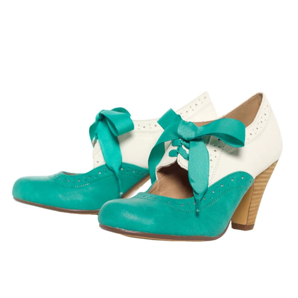 Two tone Ribbon Tie Heels Teal/Wht shoes